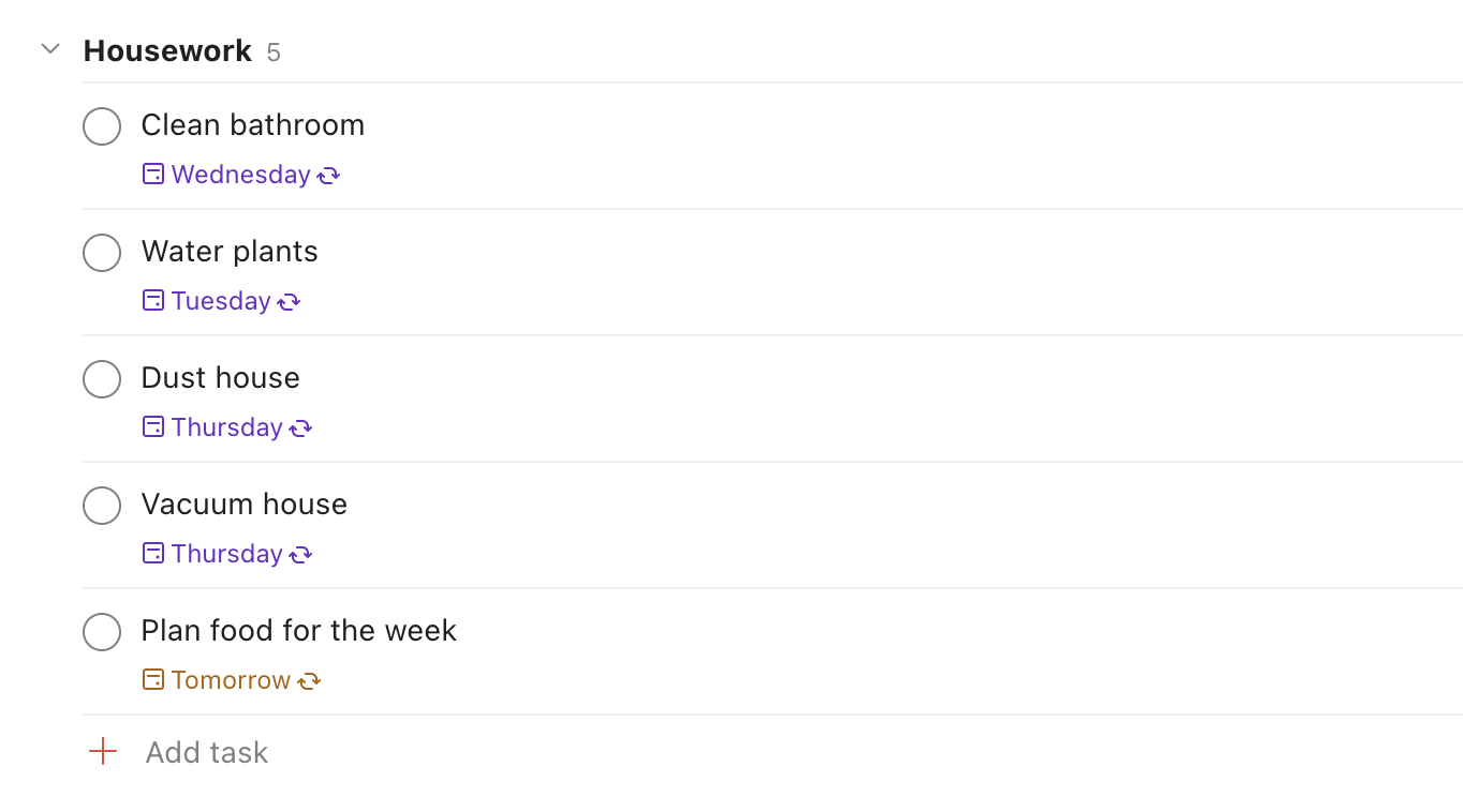 A screenshot of Todoist showing repeat household chores