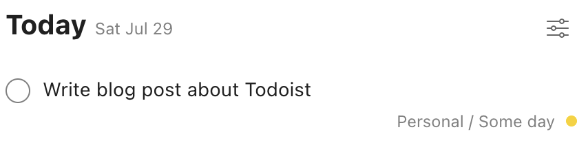 A screenshot of Todoist showing only one task for today - write this blog post